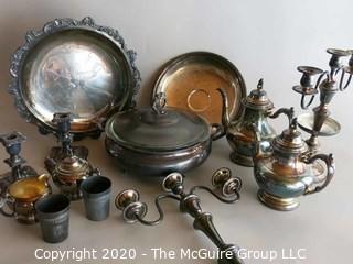 Group of Silver Plate Serving pieces, Candle Stick and Candelabra 