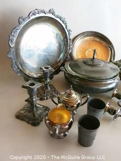 Group of Silver Plate Serving pieces, Candle Stick and Candelabra 