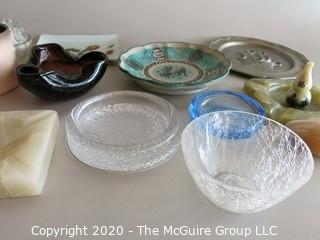 Lot of Small Bowls Dishes and Ashtrays, includes glass Flower Frog