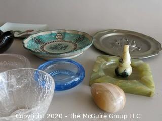 Lot of Small Bowls Dishes and Ashtrays, includes glass Flower Frog