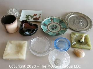 Lot of Small Bowls Dishes and Ashtrays, includes glass Flower Frog