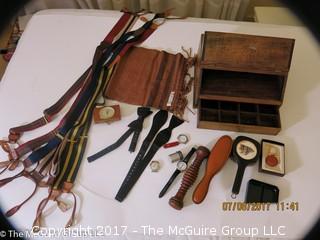 Collection including wooden keepsake box, suspenders, clothes brushes, NYSE key chain, several men's watches, black tux bow ties, wind up alarm clock 