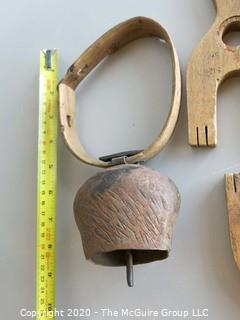 Collection if Treenware, including cow bell with wooden collar