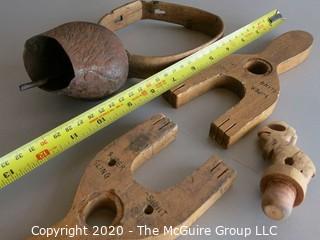 Collection if Treenware, including cow bell with wooden collar