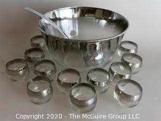 Silver Glazed Punch Bowl, Serving Ladle and 12 Cups or Glasses