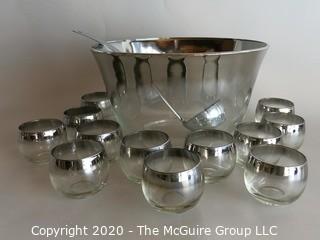 Silver Glazed Punch Bowl, Serving Ladle and 12 Cups or Glasses