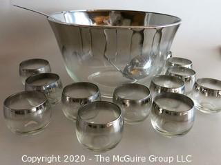 Silver Glazed Punch Bowl, Serving Ladle and 12 Cups or Glasses