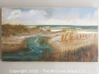 Oil on Canvas Beach Scene with Crane Signed by Artist