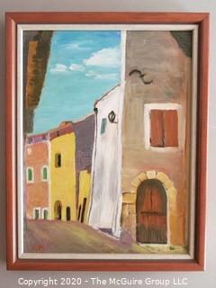 Framed Oil on Canvas Town Scene Signed by Artist - F.M.