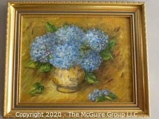 Framed Oil on Canvas Blue Hydrangeas in Vase Signed by Artist - Lewis