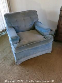 (2) Blue Velvet Upholstered Arm Chairs; 28" tall at back x 32" wide at front