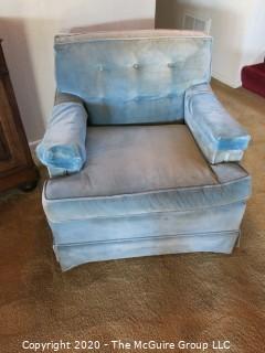 (2) Blue Velvet Upholstered Arm Chairs; 28" tall at back x 32" wide at front