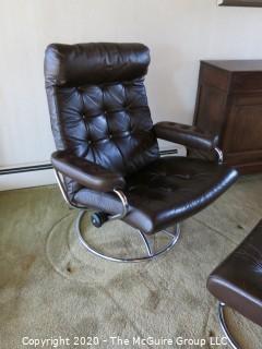 Mid Century Modern MCM Tufted Leather Arm Chair and Matching Ottoman on Chrome base