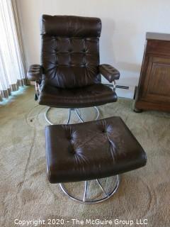 Mid Century Modern MCM Tufted Leather Arm Chair and Matching Ottoman on Chrome base