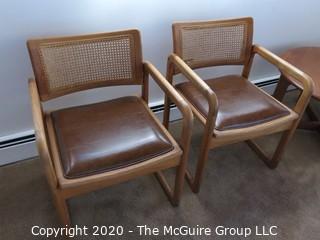 Mid Century Modern MCM Arm Chairs with Cane Back and Leather Seat