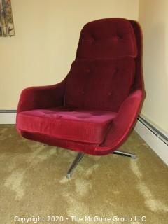 Swedish Mid Century Modern MCM Burgundy Chair and Ottoman, both with chrome bases; in Tufted Fine Corduroy; 37" tall at back x 30 1/2" wide at front x 14" tall at seat; hallmarked "Overman AB Tranas Sweden"