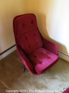 Swedish Mid Century Modern MCM Burgundy Chair and Ottoman, both with chrome bases; in Tufted Fine Corduroy; 37" tall at back x 30 1/2" wide at front x 14" tall at seat; hallmarked "Overman AB Tranas Sweden"