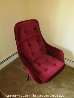 Swedish Mid Century Modern MCM Burgundy Chair and Ottoman, both with chrome bases; in Tufted Fine Corduroy; 37" tall at back x 30 1/2" wide at front x 14" tall at seat; hallmarked "Overman AB Tranas Sweden"