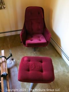 Swedish Mid Century Modern MCM Burgundy Chair and Ottoman, both with chrome bases; in Tufted Fine Corduroy; 37" tall at back x 30 1/2" wide at front x 14" tall at seat; hallmarked "Overman AB Tranas Sweden"