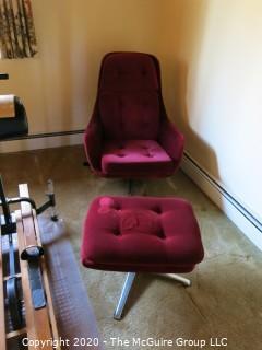 Swedish Mid Century Modern MCM Burgundy Chair and Ottoman, both with chrome bases; in Tufted Fine Corduroy; 37" tall at back x 30 1/2" wide at front x 14" tall at seat; hallmarked "Overman AB Tranas Sweden"