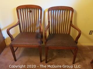 4 European Oak Dining Chairs; 2 with arms; 39 1/2" tall at back x 24" wide at front x 18 1/2" seat height