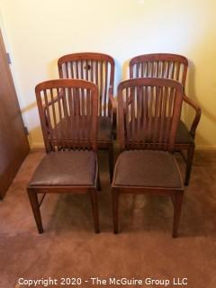 4 European Oak Dining Chairs; 2 with arms; 39 1/2" tall at back x 24" wide at front x 18 1/2" seat height