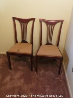 2 Wooden Dining Chairs with cloth Seats; 38" tall at back x 19 1/2 seat height