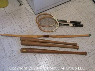 Vintage Baseball Bats, Tennis Rackets and Bow