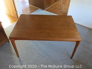 Danish Mid Century MCM Dining Table (35" x 55" x 28 3/4" tall) and Set of 6 Matching Chairs (29 3/4" tall x 20" wide at front and 17" high at seat); (Note: 1 chair has a leg in need of reattachment)  