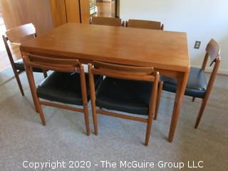 Danish Mid Century MCM Dining Table (35" x 55" x 28 3/4" tall) and Set of 6 Matching Chairs (29 3/4" tall x 20" wide at front and 17" high at seat); (Note: 1 chair has a leg in need of reattachment)  