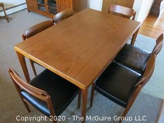 Danish Mid Century MCM Dining Table (35" x 55" x 28 3/4" tall) and Set of 6 Matching Chairs (29 3/4" tall x 20" wide at front and 17" high at seat); (Note: 1 chair has a leg in need of reattachment)  