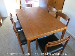 Danish Mid Century MCM Dining Table (35" x 55" x 28 3/4" tall) and Set of 6 Matching Chairs (29 3/4" tall x 20" wide at front and 17" high at seat); (Note: 1 chair has a leg in need of reattachment)  