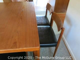 Danish Mid Century MCM Dining Table (35" x 55" x 28 3/4" tall) and Set of 6 Matching Chairs (29 3/4" tall x 20" wide at front and 17" high at seat); (Note: 1 chair has a leg in need of reattachment)  