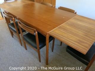 Danish Mid Century MCM Dining Table (35" x 55" x 28 3/4" tall) and Set of 6 Matching Chairs (29 3/4" tall x 20" wide at front and 17" high at seat); (Note: 1 chair has a leg in need of reattachment)  