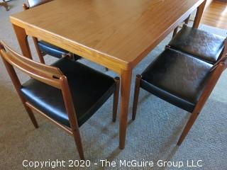 Danish Mid Century MCM Dining Table (35" x 55" x 28 3/4" tall) and Set of 6 Matching Chairs (29 3/4" tall x 20" wide at front and 17" high at seat); (Note: 1 chair has a leg in need of reattachment)  