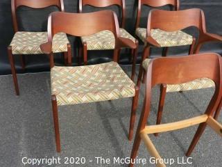 Set of Six Mid Century Modern (MCM) Danish Dining Chairs; (4) No. 71 side chairs; (2) No. 55 Arm Chairs; Niels Otto Moller; for J. L. Molle; circa 1960's 