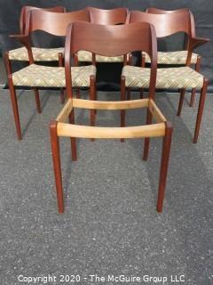 Set of Six Mid Century Modern (MCM) Danish Dining Chairs; (4) No. 71 side chairs; (2) No. 55 Arm Chairs; Niels Otto Moller; for J. L. Molle; circa 1960's 