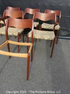 Set of Six Mid Century Modern (MCM) Danish Dining Chairs; (4) No. 71 side chairs; (2) No. 55 Arm Chairs; Niels Otto Moller; for J. L. Molle; circa 1960's 