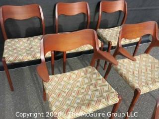 Set of Six Mid Century Modern (MCM) Danish Dining Chairs; (4) No. 71 side chairs; (2) No. 55 Arm Chairs; Niels Otto Moller; for J. L. Molle; circa 1960's 