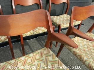 Set of Six Mid Century Modern (MCM) Danish Dining Chairs; (4) No. 71 side chairs; (2) No. 55 Arm Chairs; Niels Otto Moller; for J. L. Molle; circa 1960's 