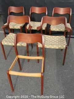 Set of Six Mid Century Modern (MCM) Danish Dining Chairs; (4) No. 71 side chairs; (2) No. 55 Arm Chairs; Niels Otto Moller; for J. L. Molle; circa 1960's 