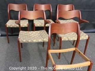 Set of Six Mid Century Modern (MCM) Danish Dining Chairs; (4) No. 71 side chairs; (2) No. 55 Arm Chairs; Niels Otto Moller; for J. L. Molle; circa 1960's 