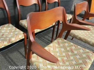 Set of Six Mid Century Modern (MCM) Danish Dining Chairs; (4) No. 71 side chairs; (2) No. 55 Arm Chairs; Niels Otto Moller; for J. L. Molle; circa 1960's 