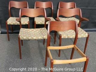 Set of Six Mid Century Modern (MCM) Danish Dining Chairs; (4) No. 71 side chairs; (2) No. 55 Arm Chairs; Niels Otto Moller; for J. L. Molle; circa 1960's 