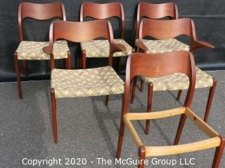 Set of Six Mid Century Modern (MCM) Danish Dining Chairs; (4) No. 71 side chairs; (2) No. 55 Arm Chairs; Niels Otto Moller; for J. L. Molle; circa 1960's 