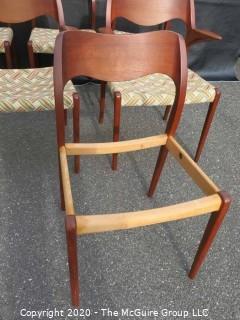 Set of Six Mid Century Modern (MCM) Danish Dining Chairs; (4) No. 71 side chairs; (2) No. 55 Arm Chairs; Niels Otto Moller; for J. L. Molle; circa 1960's 