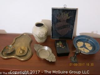 Collection including a single ladderback chair (18"W x 39 1/2"T); "Charity" stained glass wall art; a cast metal statue and a keepsake covered box 