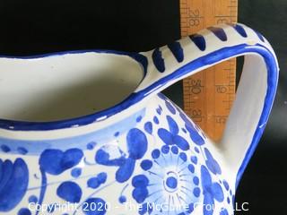 Blue and White Hand Painted Pitcher by Chianti, approximately 8" tall