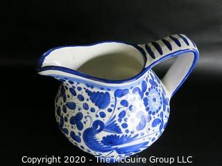 Blue and White Hand Painted Pitcher by Chianti, approximately 8" tall