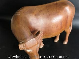 Hand Carved Wooden Ox Figurine - As is Broken Horn - Measures approximately 10" tall and 22" long